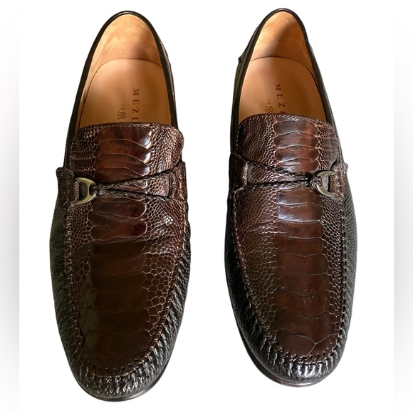 Mezlan Vesta Ostrich Leg and Woven Calfskin Moc Toe Bit Strap Loafers Brown 11